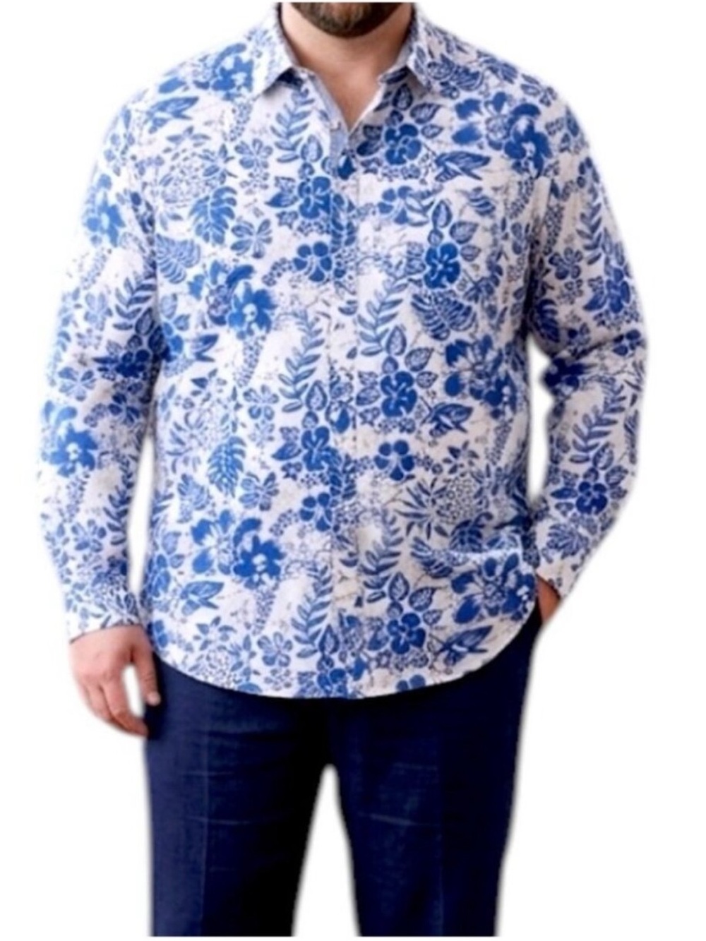 Crown and Ivy Palm Leaf Tropical Button Shirt White Blue Floral 2XL Tall Mens